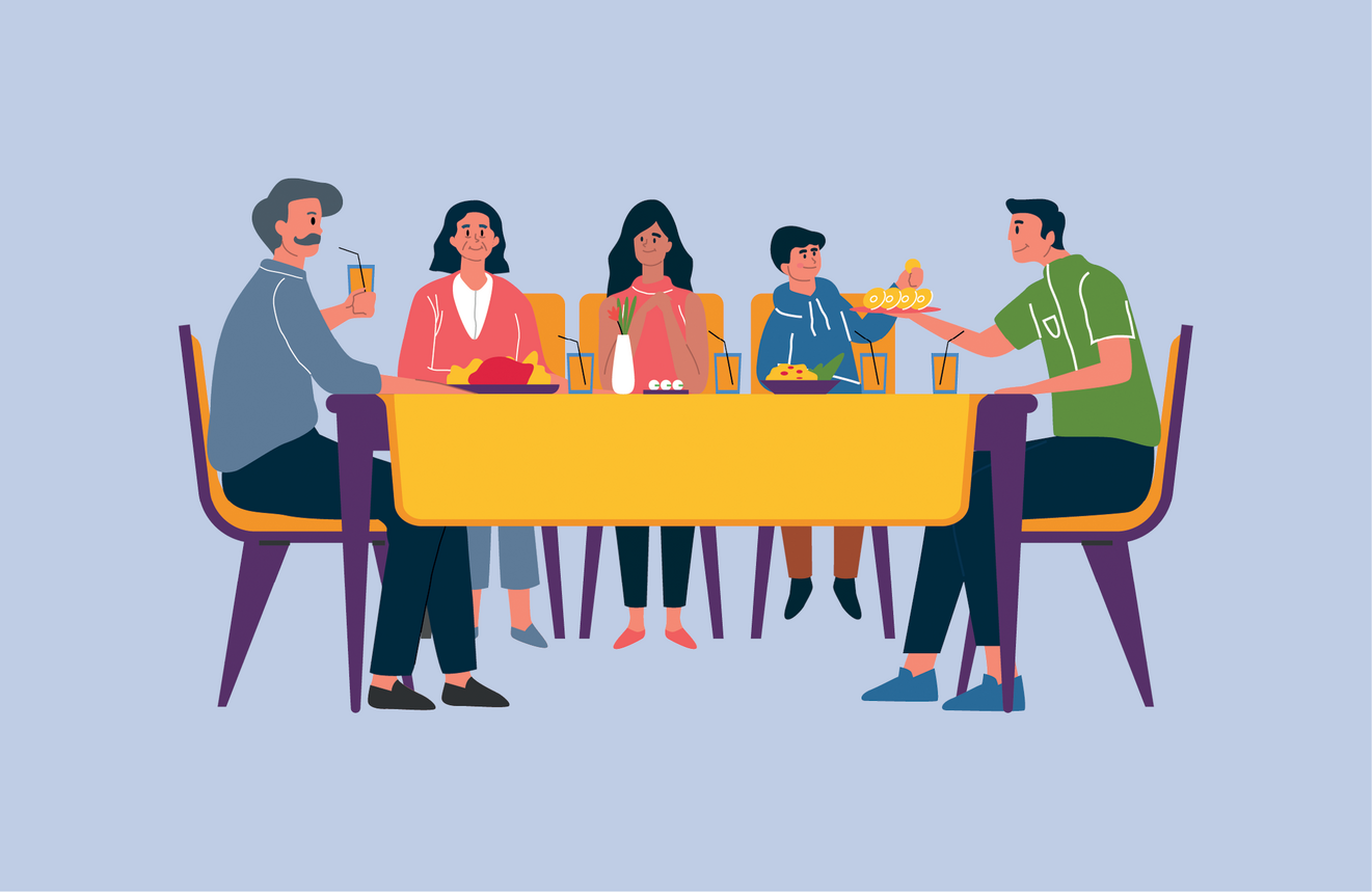 Eine fröhliche Runde beim gemeinsamen Essen und Trinken. Die Teilnehmer genießen die Gesellschaft und tauschen sich in entspannter Atmosphäre aus