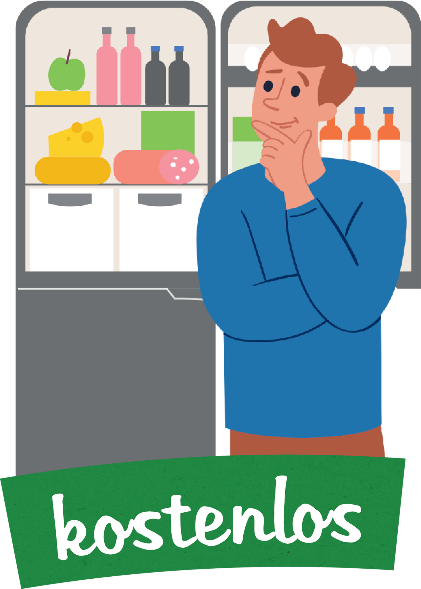 Ein Mann steht nachdenklich vor einem geöffneten Kühlschrank und überlegt, was sie essen soll